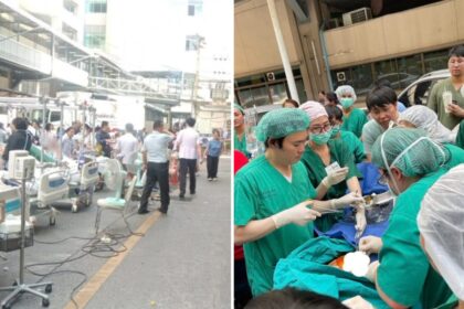 భూకంప భయానక మధ్య బ్యాంకాక్ స్ట్రీట్ నిమిషాల్లో వైద్యులు బిడ్డను పంపిణీ చేస్తారు